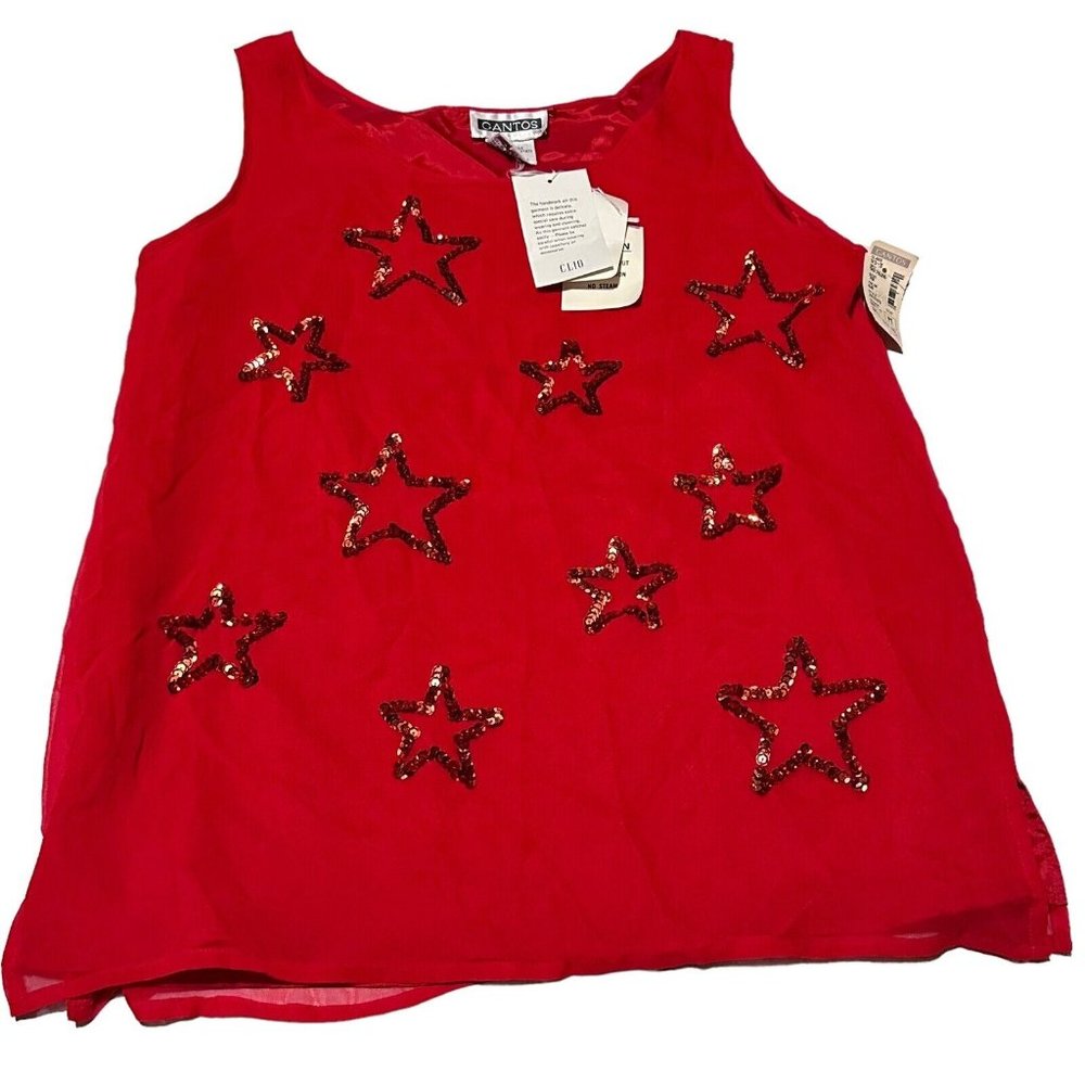 Gantos Vintage Womens Medium Red Silk Tank Top Sequin Stars Patriotic